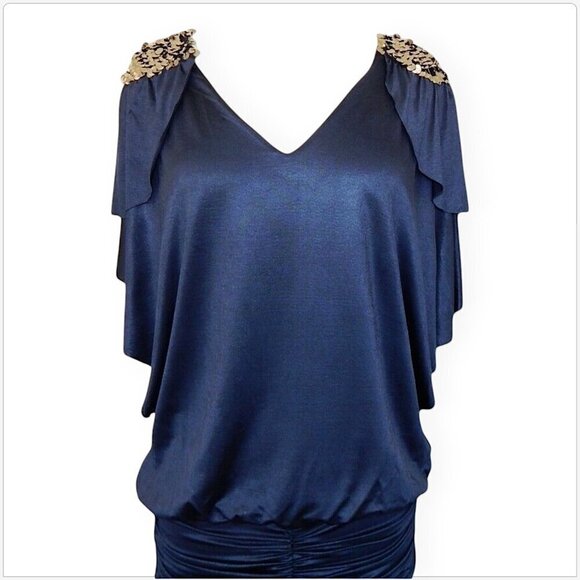 Bebe Addiction Dark Blue Slinky Stretch Ruched Skirt Silver Jeweled Dress XS - Picture 2 of 5